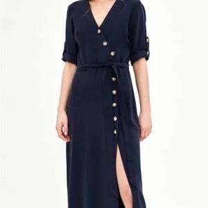 Zara midi linen button front wrap dress